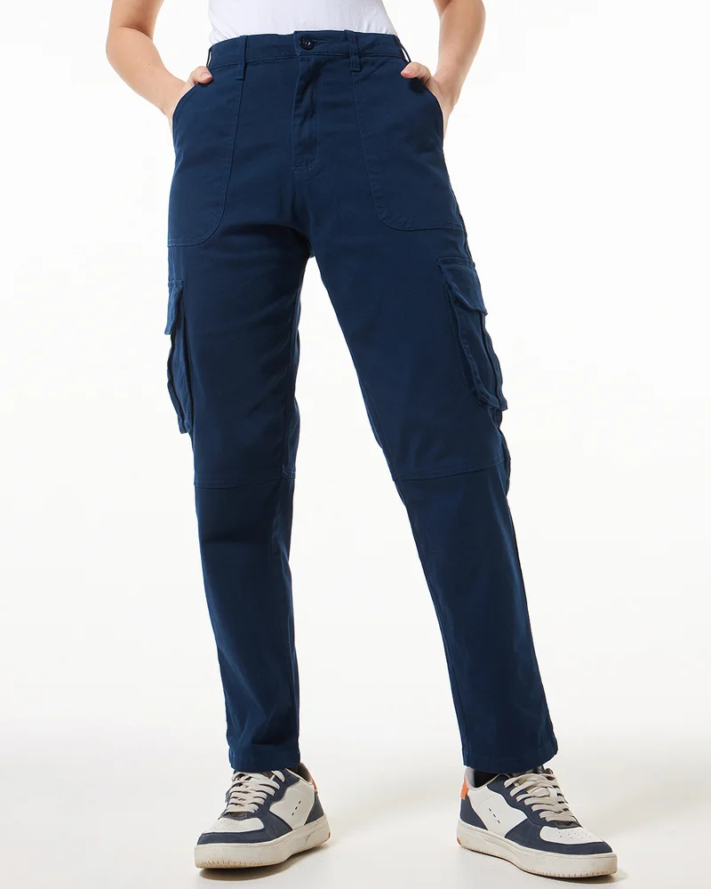 bewakoof Women's Blue Straight Cargo Pants
